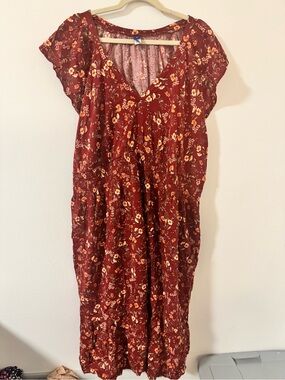 Old Navy Floral Rust Red V-Neck Midi Dress (3X)
